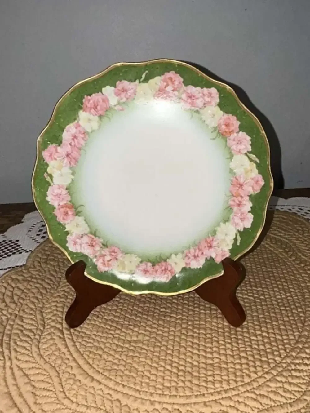 Antique Jean Pouyat JP Limoges Green and Pink Floral Porcelain Decorative Plate